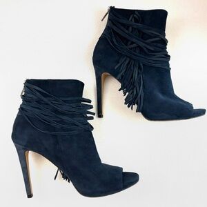 Vince Camuto Navy Suede Leather Fringe Stiletto Heel Open Toe Booties (8)
